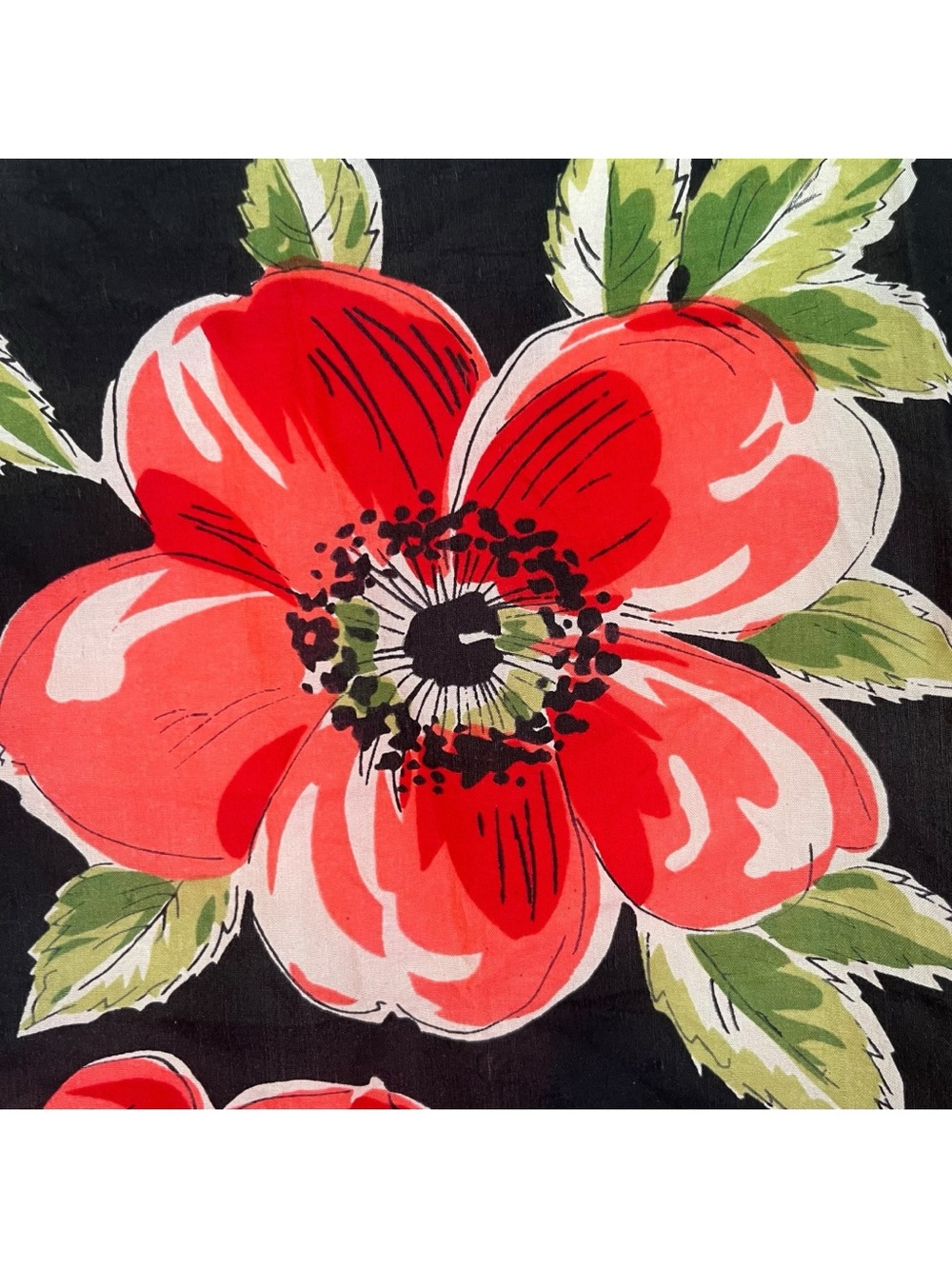Vintage Silk Scarf Red Flowers on Black - Picture 2 of 4